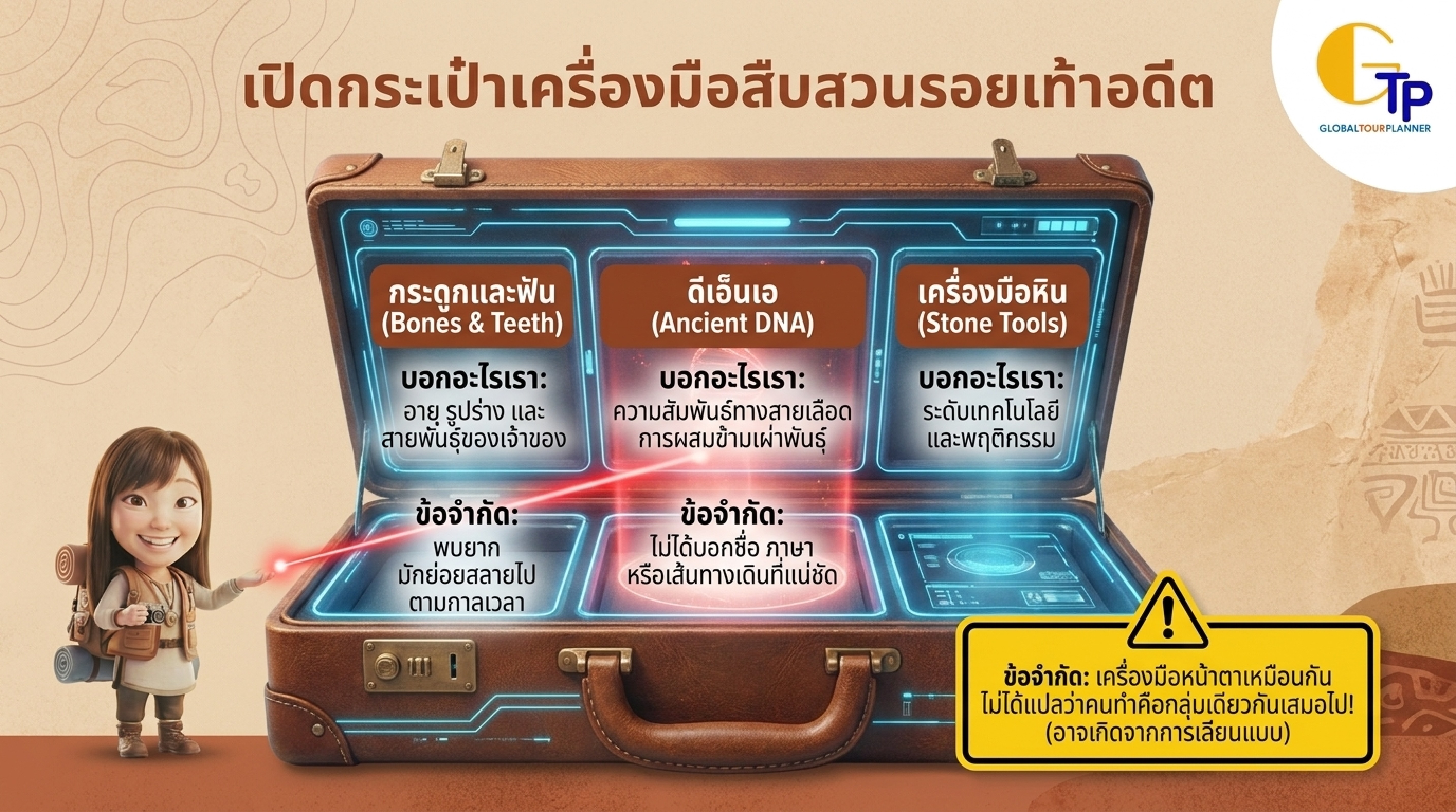 กระเป๋าเครื่องมือสืบสวนรอยเท้าอดีต กระดูก ดีเอ็นเอโบราณ เครื่องมือหิน