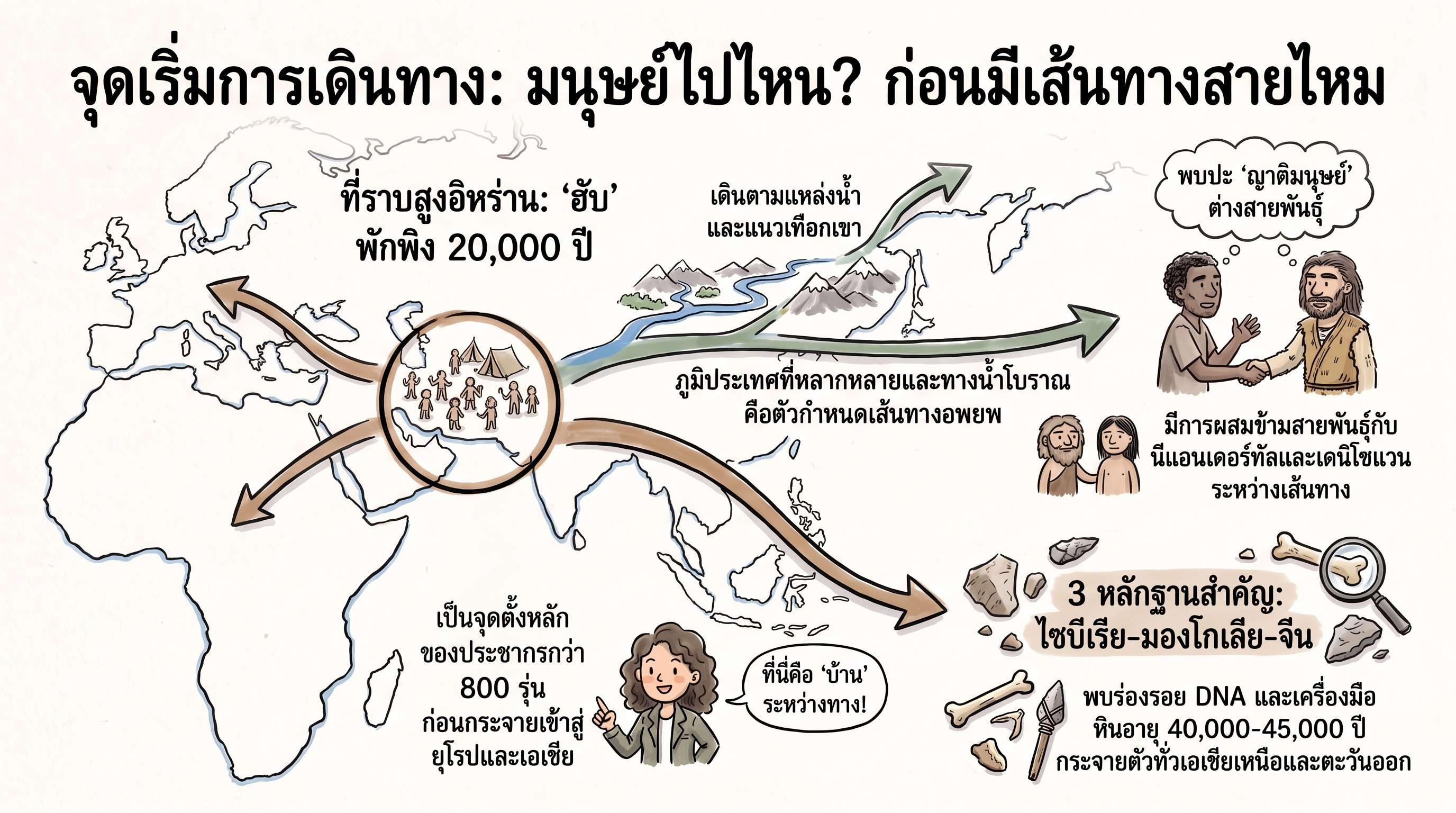 อินโฟกราฟิกสรุปเส้นทางอพยพมนุษย์ก่อนเส้นทางสายไหม ที่ราบสูงอิหร่านสู่ไซบีเรีย มองโกเลีย จีน